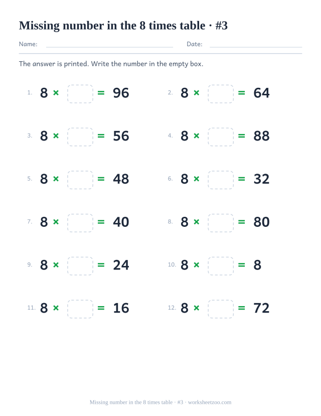 Twelve equations reading 8 x empty box = a printed product, in two columns of six (set 3).