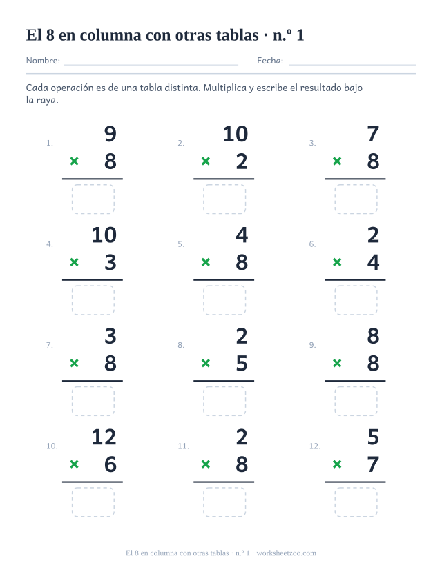 Doce multiplicaciones en vertical de tablas mezcladas, la mitad con el 8, cada una con raya y casilla vacía (juego 1).