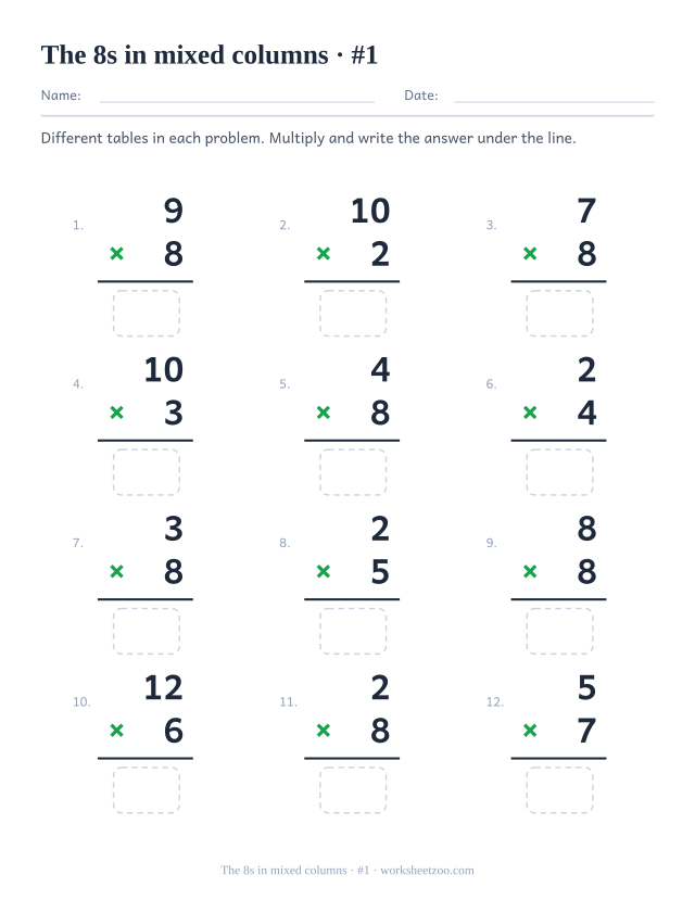 Twelve vertical multiplications from mixed tables, half featuring 8, each with a rule and an empty answer box (set 1).