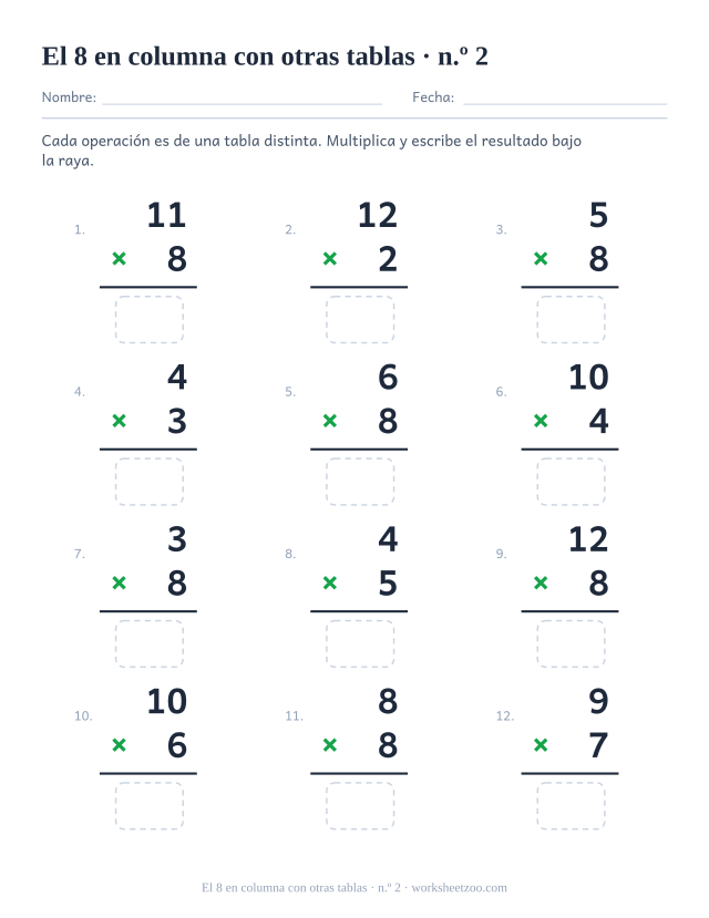 Doce multiplicaciones en vertical de tablas mezcladas, la mitad con el 8, cada una con raya y casilla vacía (juego 2).