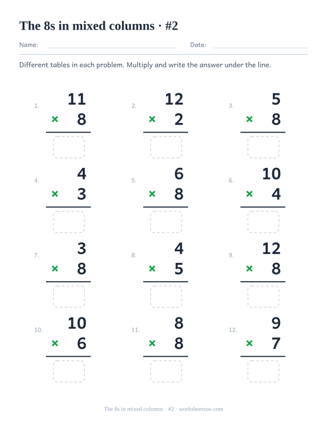 Twelve vertical multiplications from mixed tables, half featuring 8, each with a rule and an empty answer box (set 2).