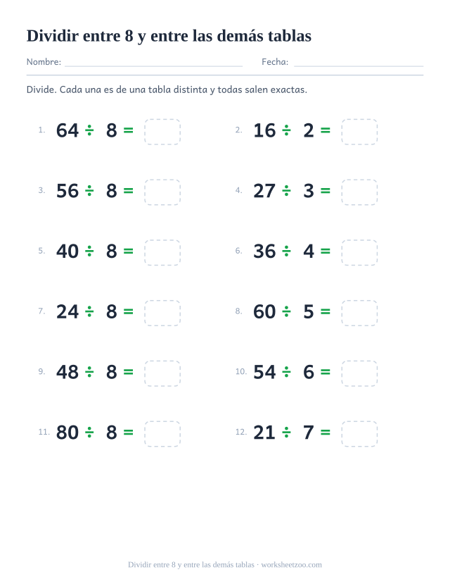Doce divisiones de varias tablas, la mitad entre 8, cada una con una casilla vacía al final.