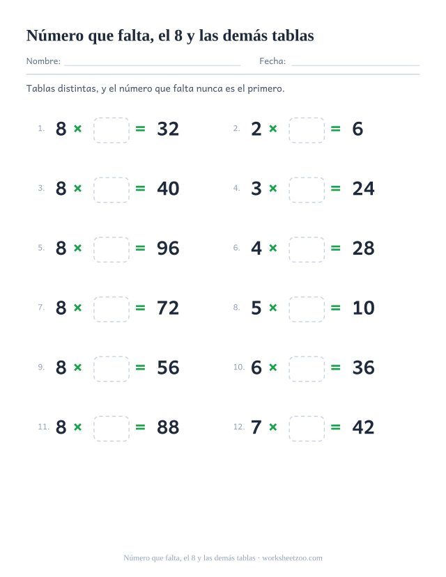Doce operaciones de tablas mezcladas, la mitad del 8, con la forma número x casilla vacía = resultado impreso, en dos columnas de seis.