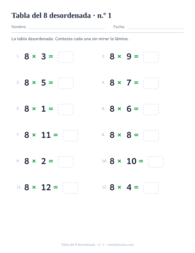 Doce multiplicaciones del 8 desordenadas en dos columnas de seis, numeradas y con casilla vacía (juego 1).