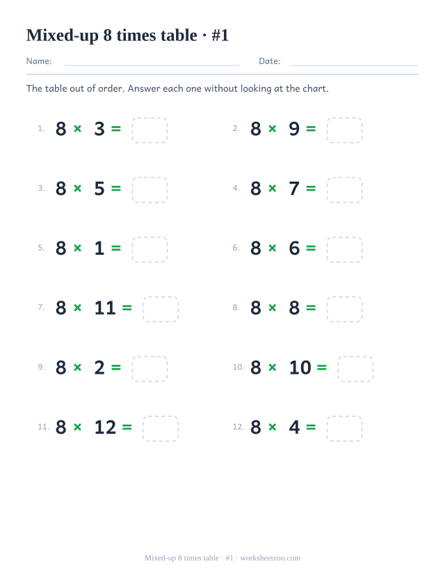Twelve shuffled 8 times table equations in two columns of six, numbered, each ending in an empty answer box (set 1).