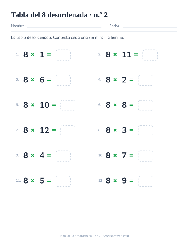 Doce multiplicaciones del 8 desordenadas en dos columnas de seis, numeradas y con casilla vacía (juego 2).
