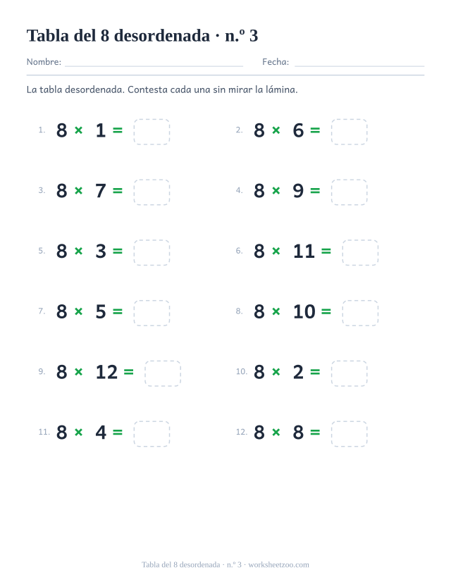 Doce multiplicaciones del 8 desordenadas en dos columnas de seis, numeradas y con casilla vacía (juego 3).