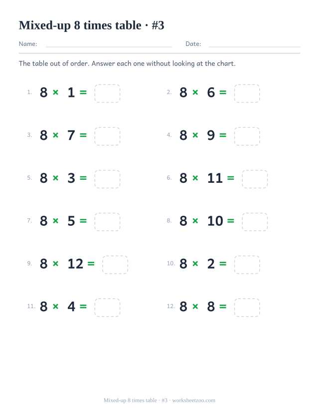 Twelve shuffled 8 times table equations in two columns of six, numbered, each ending in an empty answer box (set 3).