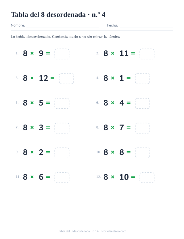Doce multiplicaciones del 8 desordenadas en dos columnas de seis, numeradas y con casilla vacía (juego 4).