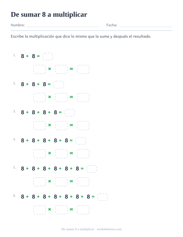 Seis renglones con sumas repetidas de 8 y su casilla, y debajo de cada uno una multiplicación vacía de tres casillas.