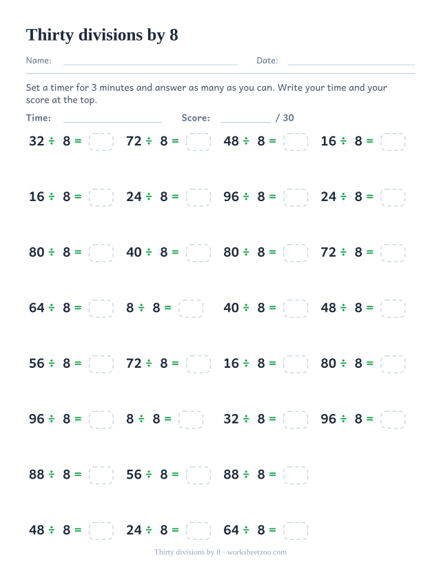 Thirty division equations dividing multiples of 8 by 8, in four columns, with a time and score header.
