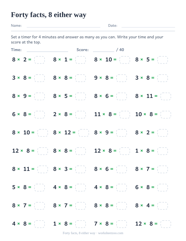Forty timed equations with 8 as the first factor in some rows and the second in others, in four columns.
