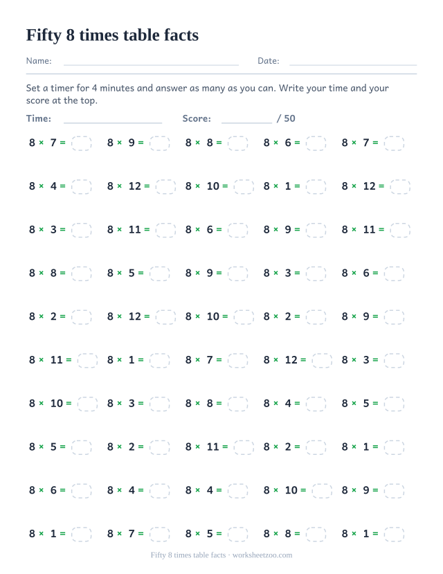 Fifty 8 times table equations in five columns of ten with a time and score header.