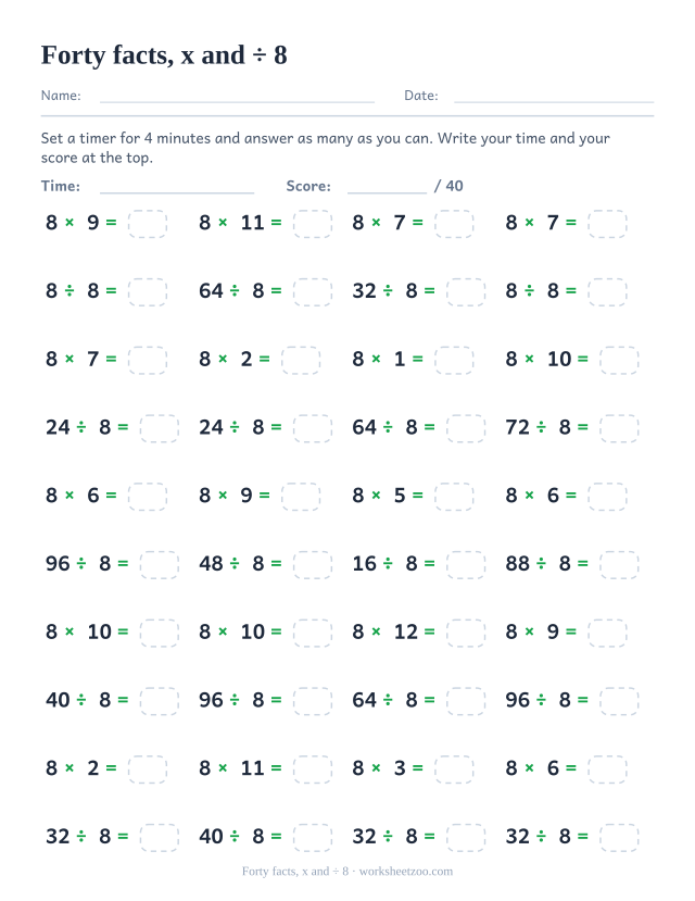 Forty timed items alternating 8 times facts and divisions by 8 down four columns.