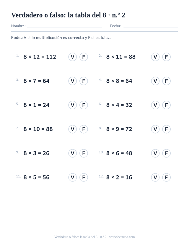 Doce multiplicaciones del 8 ya resueltas, cada una con un círculo V y un círculo F para rodear (juego 2).