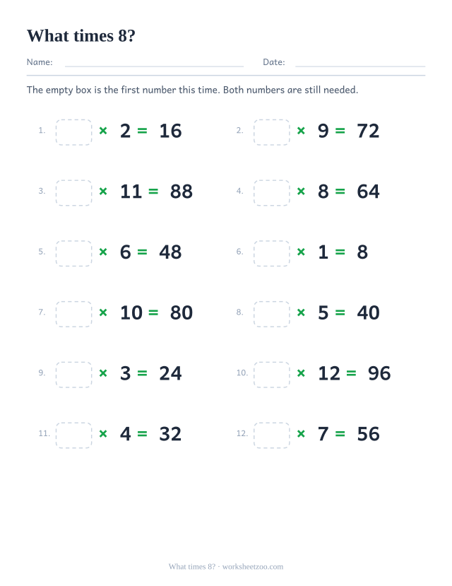 Twelve equations beginning with an empty box, then x 8 and a printed answer, in two columns.