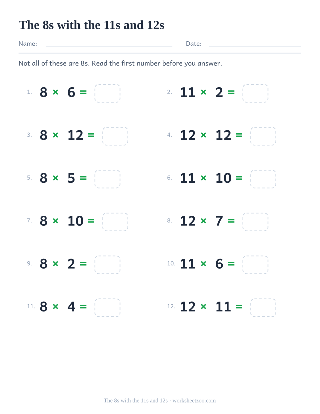 Twelve equations mixing the 8, 11 and 12 times tables, several with three-digit answers, each with an empty box.