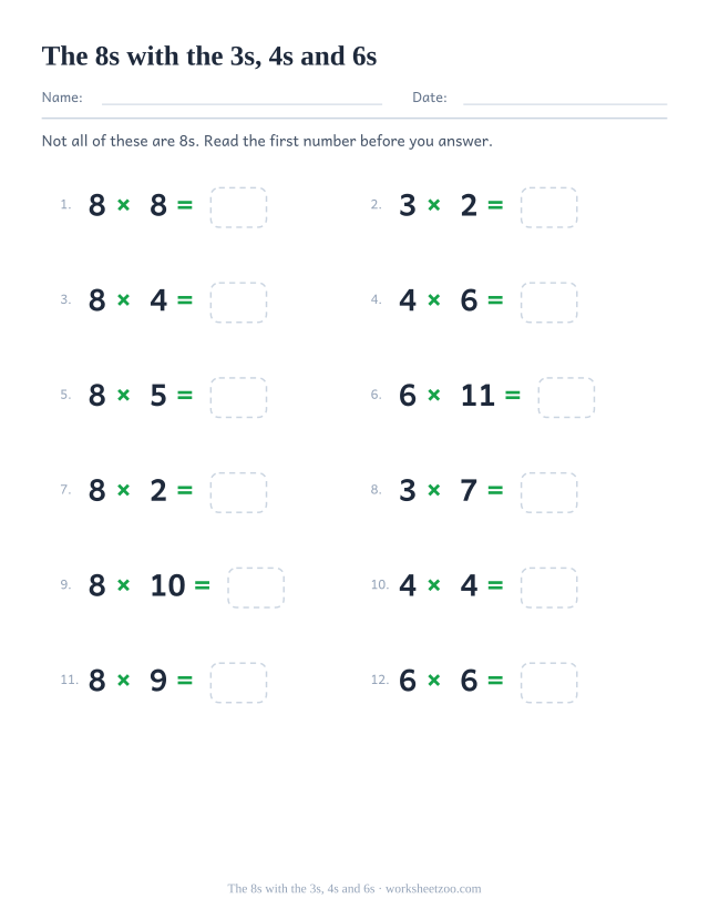 Twelve mixed equations drawn from the 8, 3, 4 and 6 times tables in two columns of six.