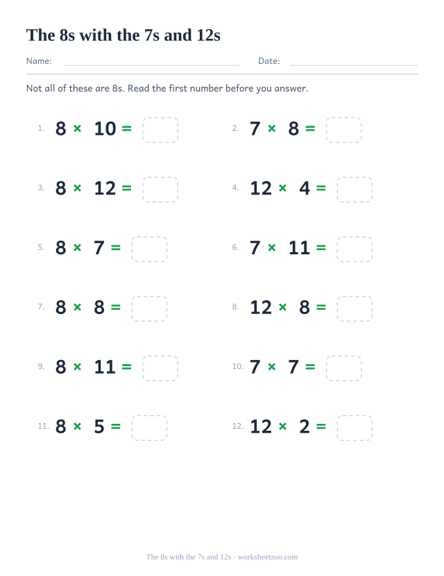 Twelve equations mixing the 8, 7 and 12 times tables, numbered, each ending in an empty box.