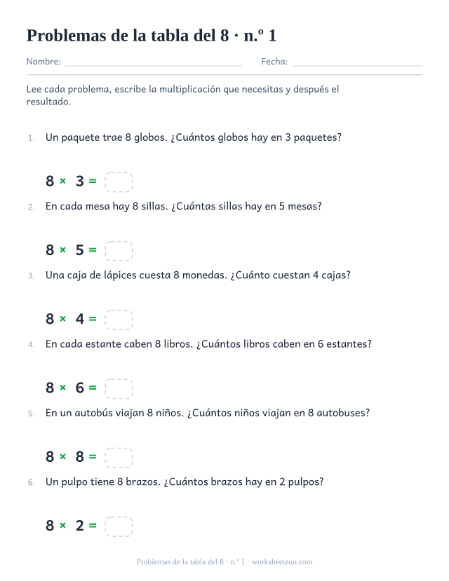 Seis problemas numerados sobre grupos iguales de 8, cada uno seguido de una multiplicación impresa con casilla vacía.