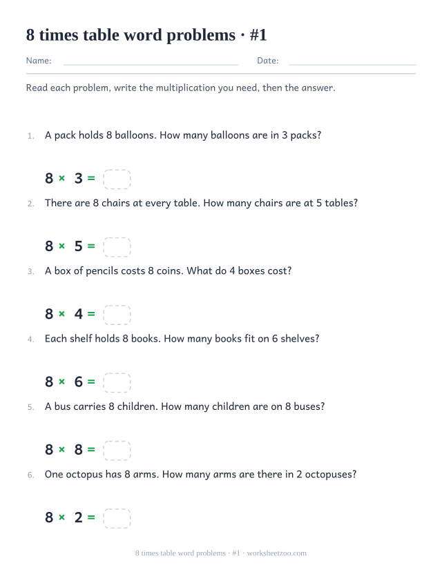 Six numbered word problems about equal groups of 8, each followed by a printed multiplication with an empty answer box.