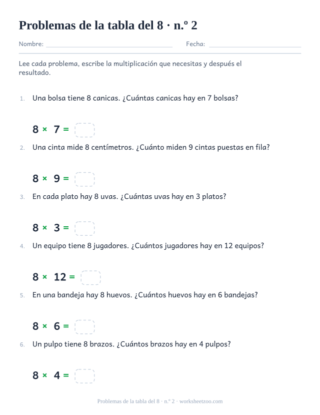 Seis problemas numerados con grupos grandes de 8, cada uno con una multiplicación y una casilla vacía debajo.