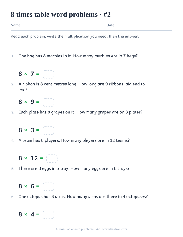 Six numbered word problems with larger groups of 8, each with a multiplication and an empty answer box underneath.
