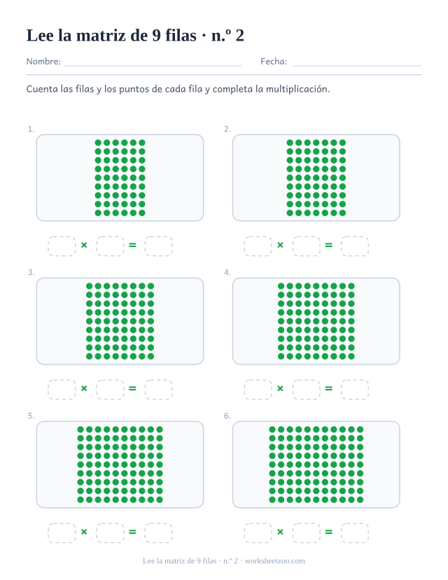 Seis rectángulos de puntos verdes de 9 filas cada uno, sobre tres casillas vacías que forman una multiplicación (juego 2).