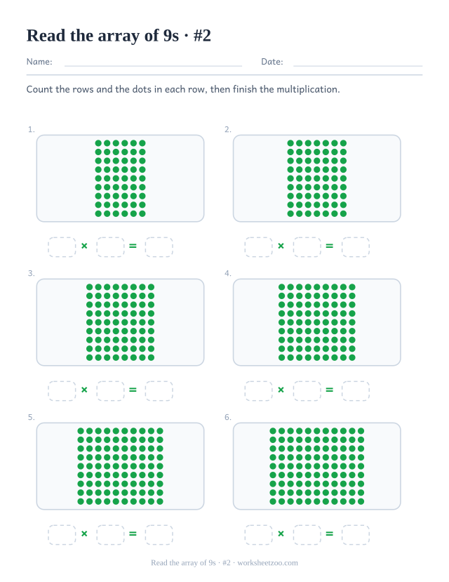 Six rectangles of green dots, each 9 rows deep, above three empty boxes forming a multiplication (set 2).