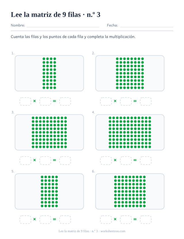 Seis rectángulos de puntos verdes de 9 filas cada uno, sobre tres casillas vacías que forman una multiplicación (juego 3).