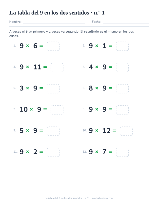 Doce operaciones en las que el 9 unas veces va delante y otras detrás, todas con casilla vacía (juego 1).