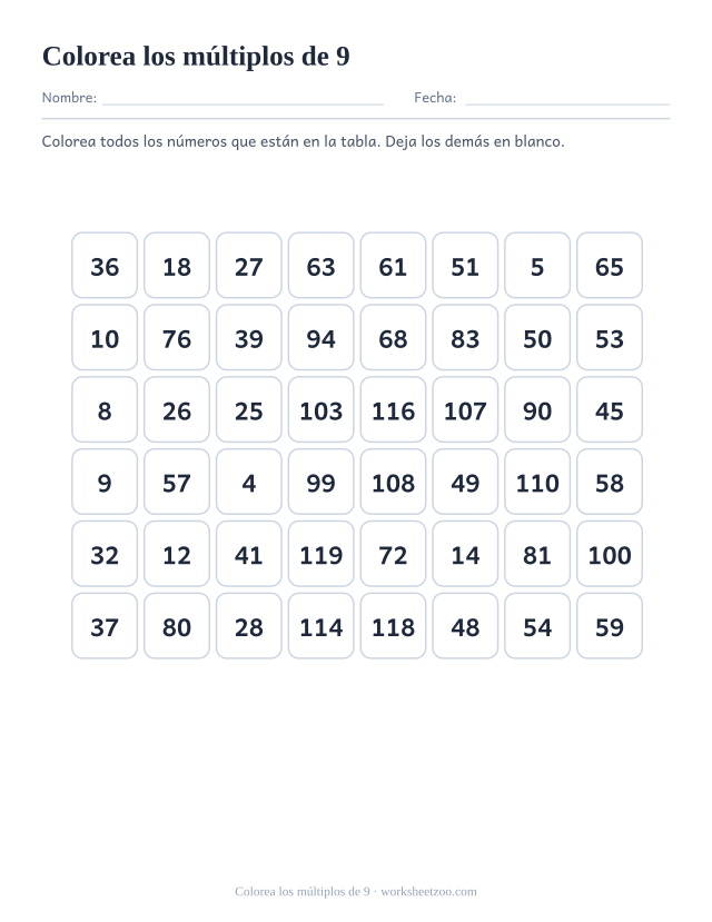 Cuadrícula de cuarenta y ocho números en ocho columnas, de los que doce son múltiplos de 9 y hay que colorear.