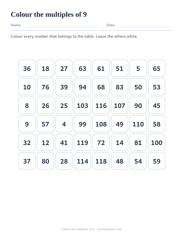 Grid of forty-eight numbers in eight columns, twelve of which are multiples of 9 to be coloured in.