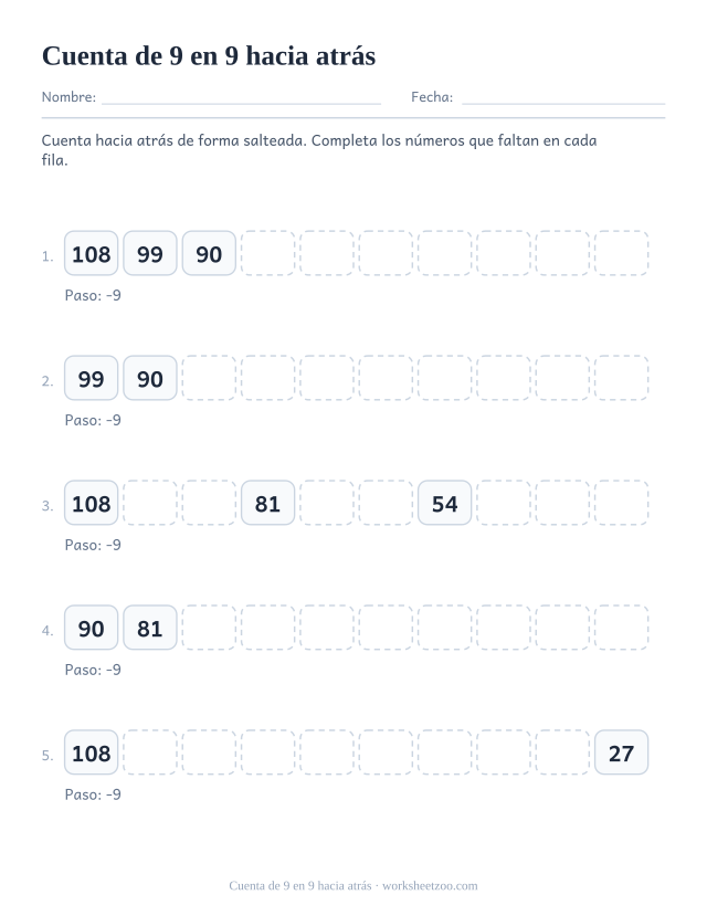 Cinco filas de diez casillas que bajan de 9 en 9 desde lo más alto de la tabla, con casi todas vacías.