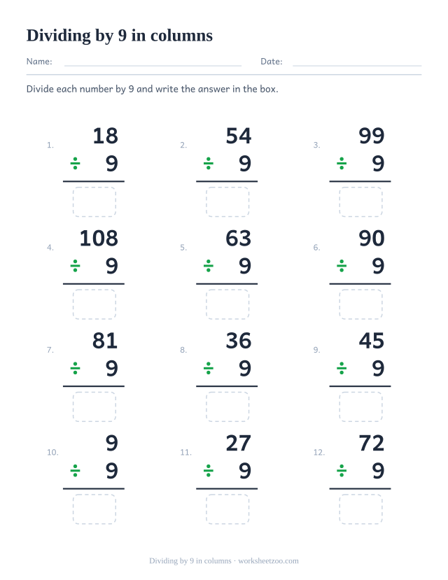 Twelve vertical divisions in a three by four grid, each a multiple of 9 over 9, with an answer box under the rule.