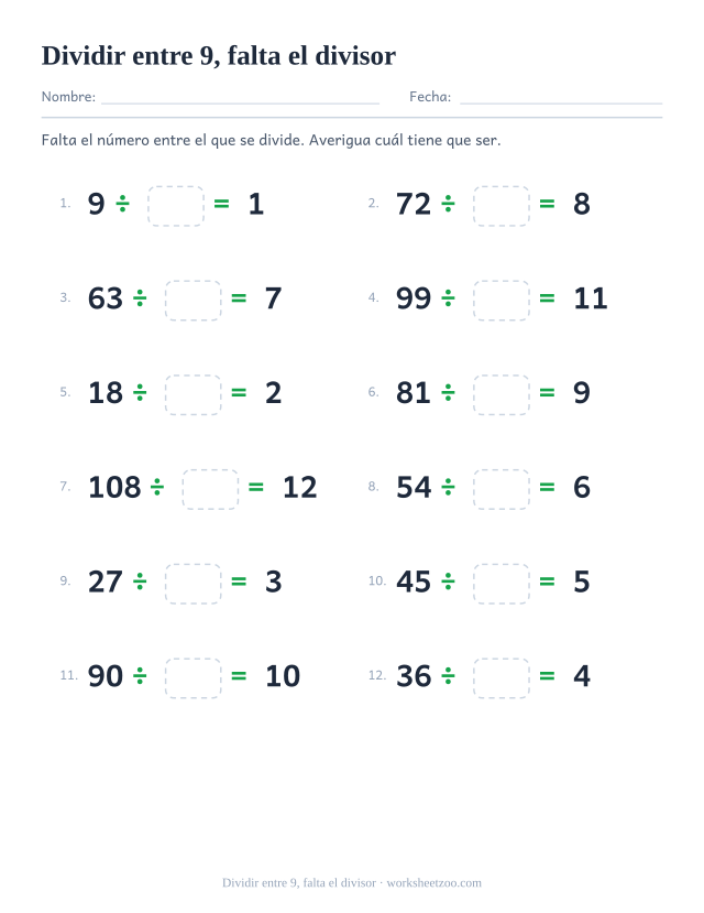 Doce divisiones con una casilla vacía en el lugar del divisor, entre un múltiplo de 9 y el resultado, ambos impresos.
