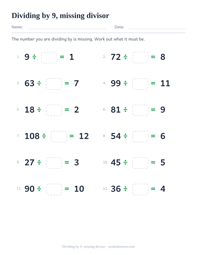 Twelve divisions with an empty box where the divisor should be, between a printed multiple of 9 and a printed answer.