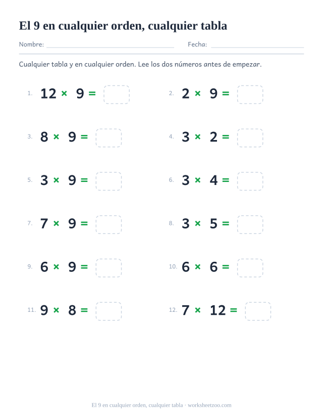 Doce operaciones de tablas mezcladas, entre ellas la del 9, con los factores en cualquier orden, numeradas en dos columnas y con casilla vacía.