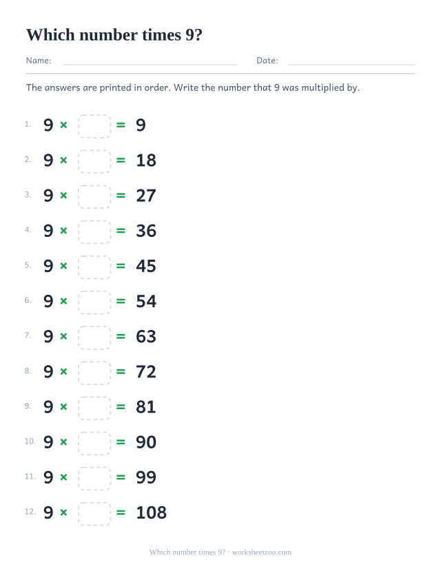 Twelve rows reading 9 x box = printed product, in order from 9 to 108.