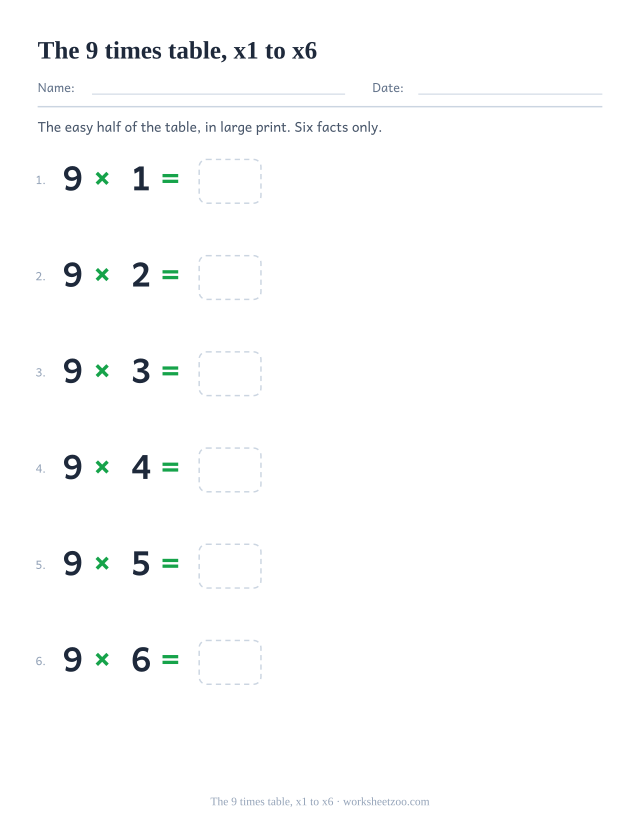 Six large equations from 9 x 1 to 9 x 6, widely spaced down the page, each with an answer box.