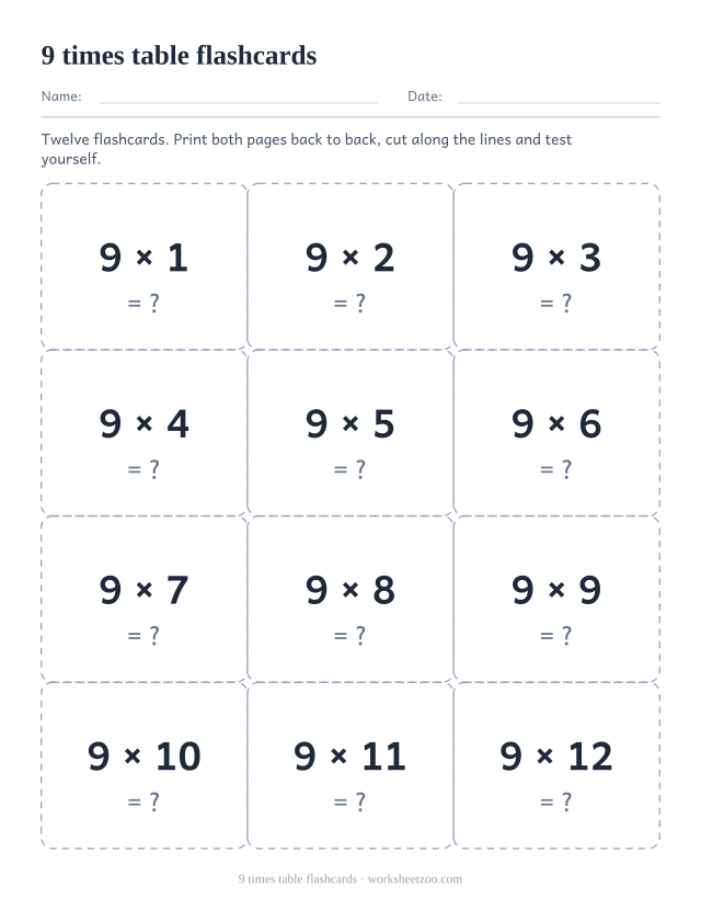 Twelve dashed cut-out cards, three across and four down, each showing one fact of the 9 times table with a question mark.