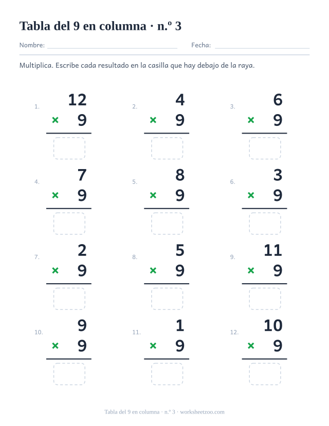 Doce multiplicaciones en vertical con el 9 como factor de abajo, una raya y una casilla vacía debajo (juego 3).