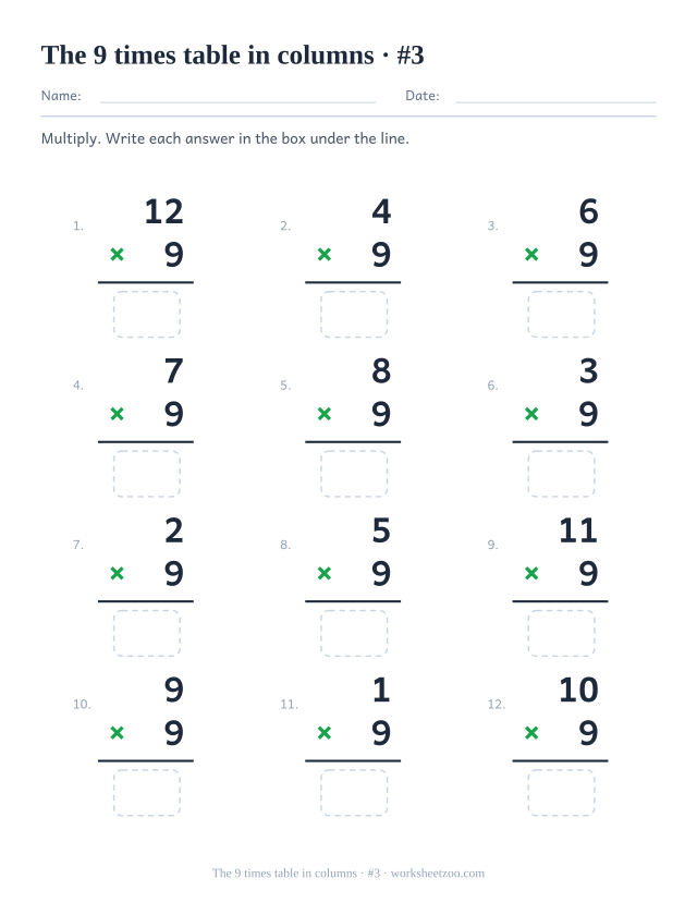 Twelve vertical multiplications with 9 as the lower factor, a rule under each and an empty answer box below (set 3).