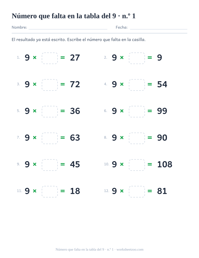 Doce operaciones con 9 x casilla vacía = resultado impreso, en dos columnas de seis (juego 1).
