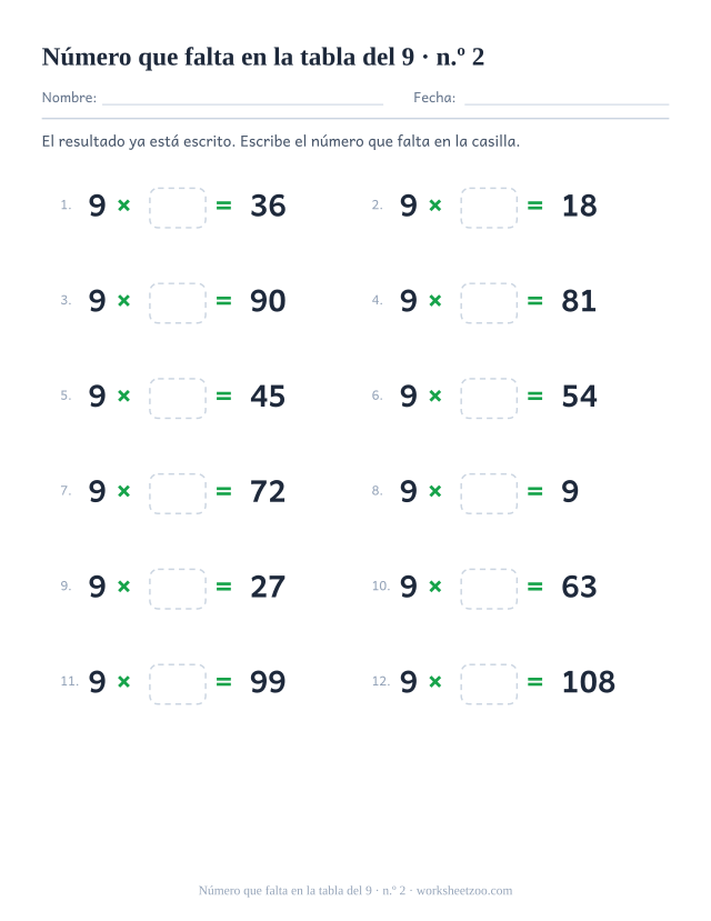 Doce operaciones con 9 x casilla vacía = resultado impreso, en dos columnas de seis (juego 2).