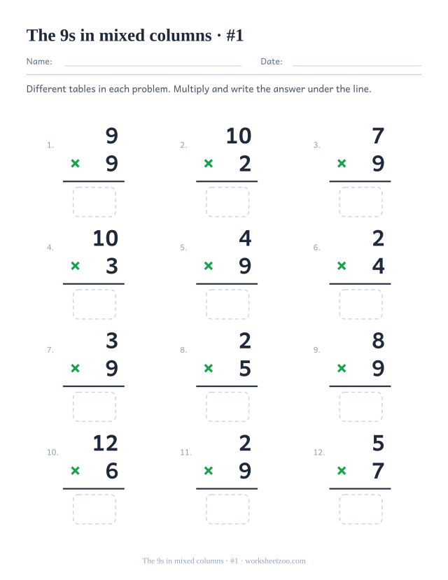 Twelve vertical multiplications from mixed tables, half featuring 9, each with a rule and an empty answer box (set 1).
