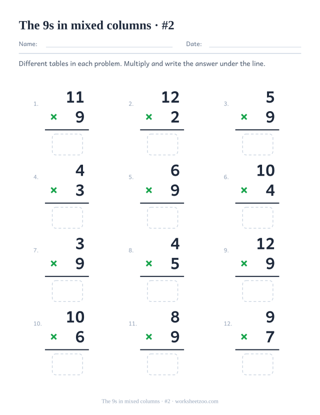Twelve vertical multiplications from mixed tables, half featuring 9, each with a rule and an empty answer box (set 2).