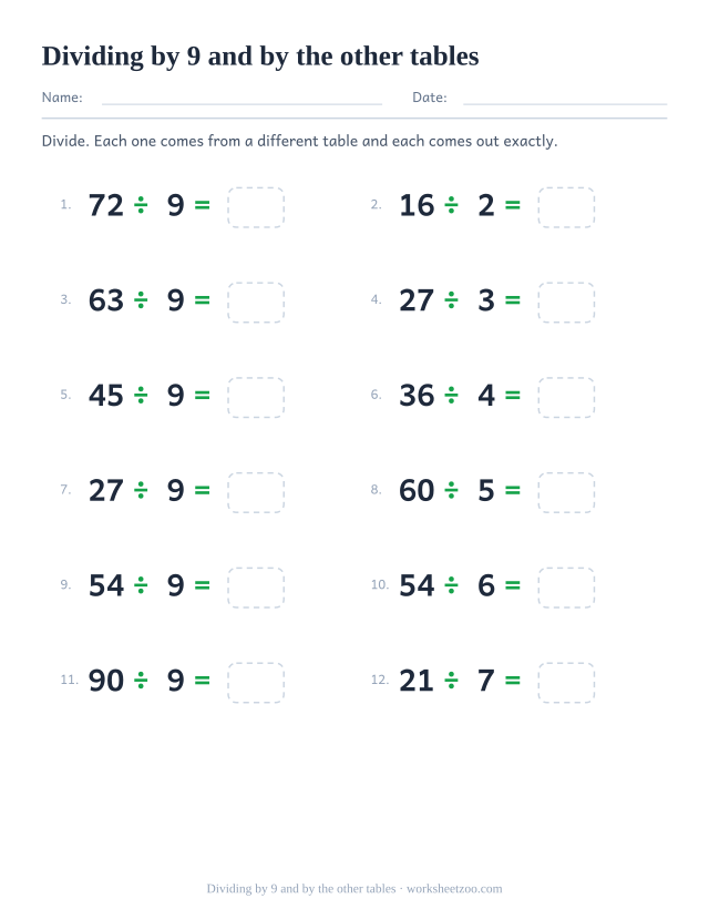 Twelve division equations from several tables, half of them dividing by 9, each ending in an empty box.