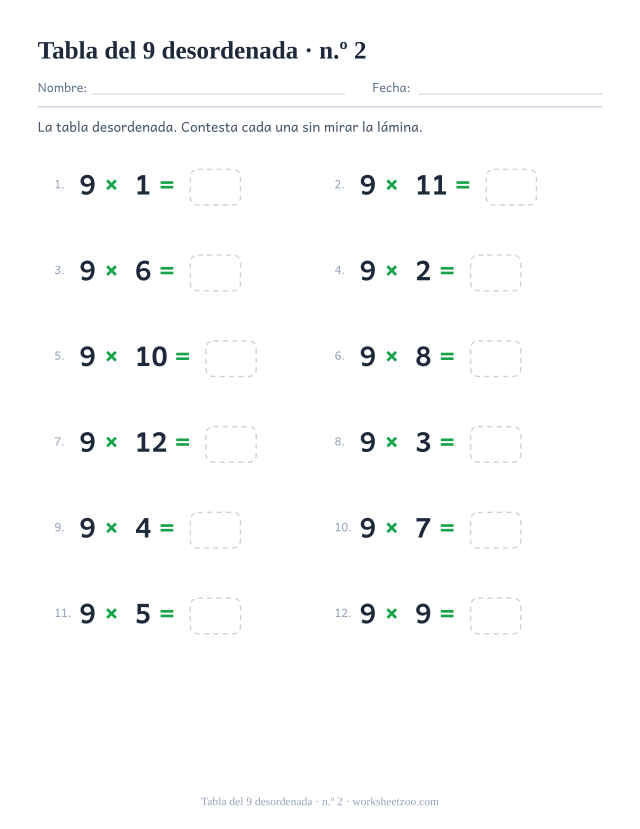Doce multiplicaciones del 9 desordenadas en dos columnas de seis, numeradas y con casilla vacía (juego 2).
