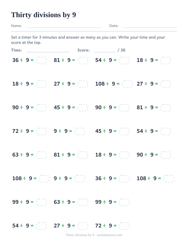 Thirty division equations dividing multiples of 9 by 9, in four columns, with a time and score header.